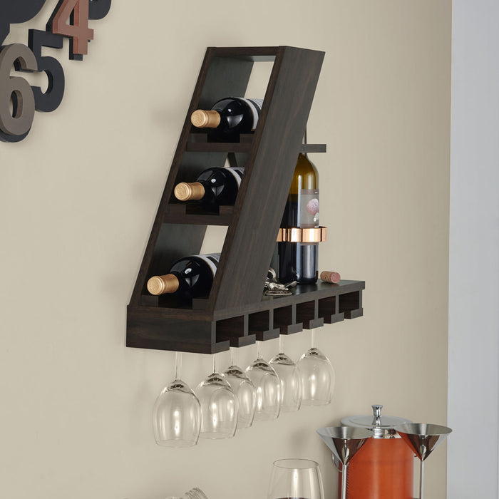 Right angled modern wenge wine display rack over a bar with accessories