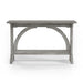 Front-facing rustic vintage gray oak wood finish console table with arch braces on a white background