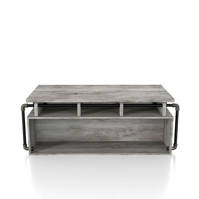 Front-facing industrial vintage gray oak lift-top coffee table with shelves on a white background