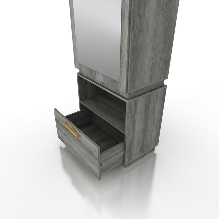 Left angled close up drawer of amoire with mirror in a vintage gray oak finish on a white background
