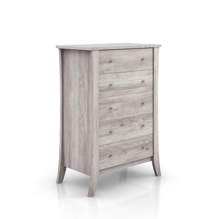 Right angled transitional coastal white five-drawer tall dresser with splayed legs on a white background