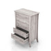 Left angled top view transitional coastal white five-drawer tall dresser with splayed legs and two drawers open on a white background