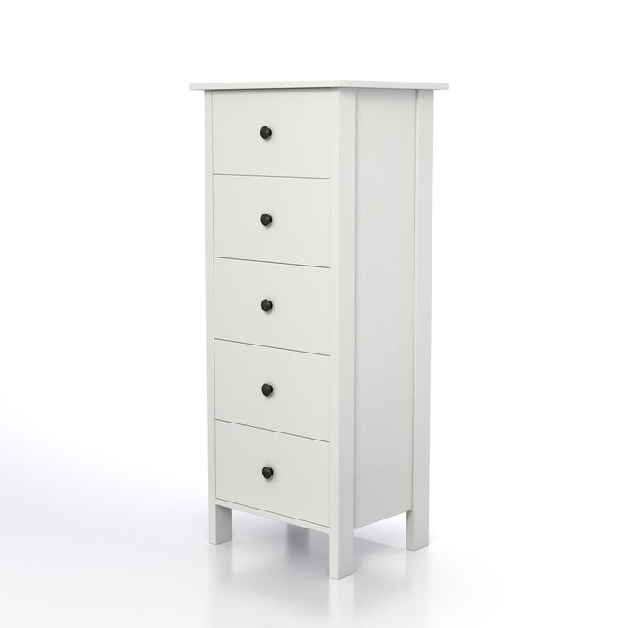 Left angled transitional five-drawer tall tall dresser on a white background