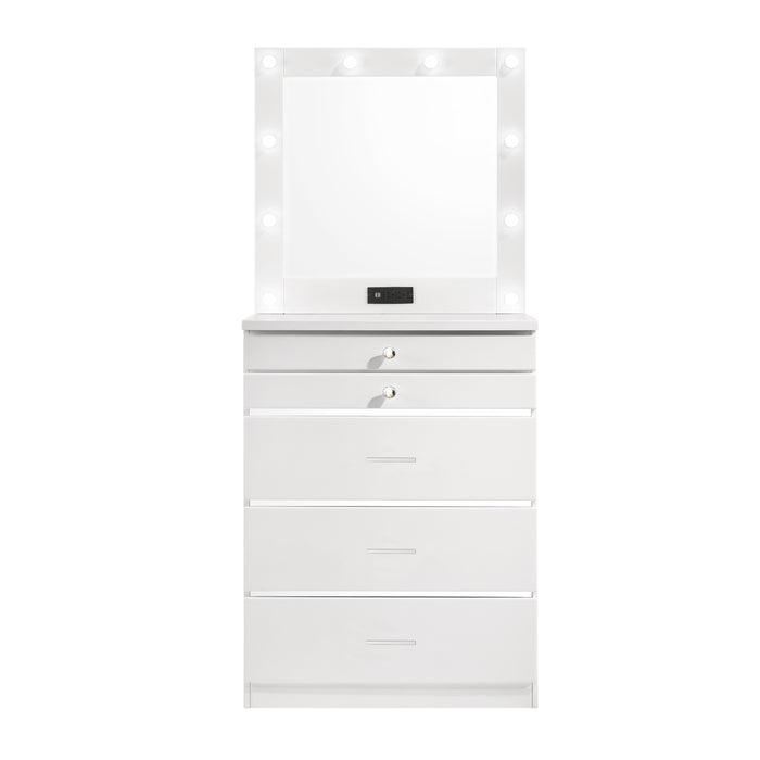 Straight-facing high gloss white vanity chest with a mirror against a white background. The LED bulb mirror has built-in USB ports and power outlets. Chrome accents separate five drawers.