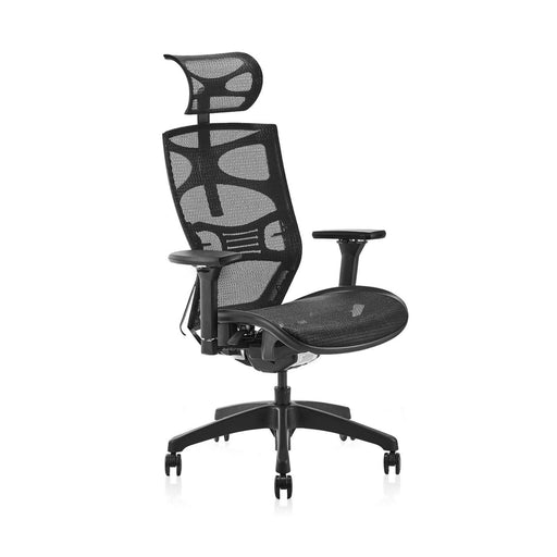 Left angled contemporary black adjustable office chair with headrest on a white background