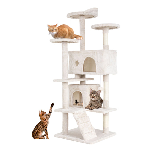 Left facing modern beige multi-level cat playhouse tower with cats on a white background