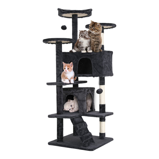 Left facing modern dark grey multi-level cat playhouse tower with cats on a white background