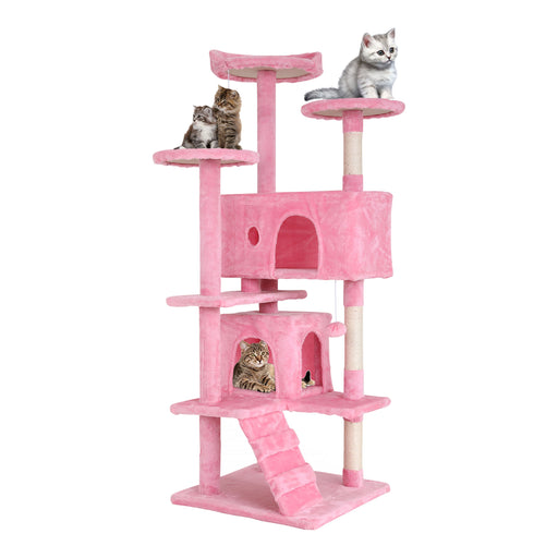 Left facing modern pink multi-level cat playhouse tower with cats on a white background