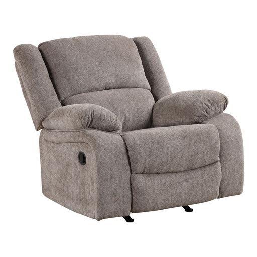 Right facing transitional plush grey manual recliner on a white background