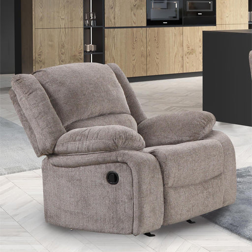 Right facing transitional plush grey manual recliner in a room with accessories