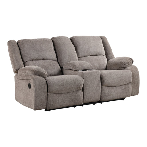 Right facing transitional plush grey manual loveseat with console on a white background