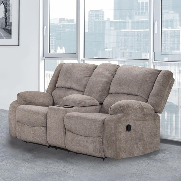 Left facing transitional plush grey manual loveseat with console in a room with accessories