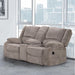 Left facing transitional plush grey manual loveseat with console in a room with accessories