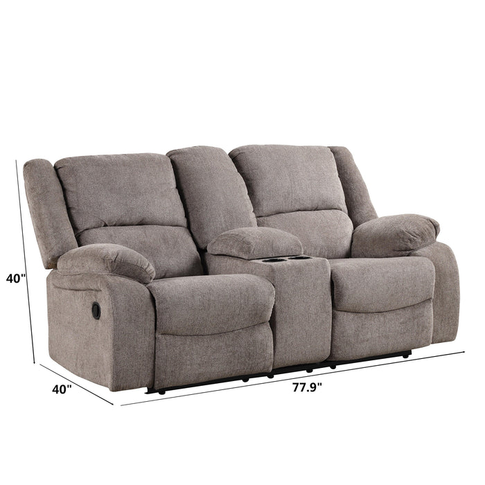 Right facing transitional plush grey manual loveseat with console with dimensions on a white background
