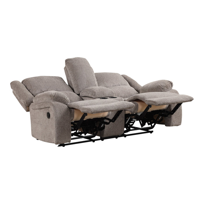 Right facing transitional plush grey manual loveseat with console shown reclined on a white background