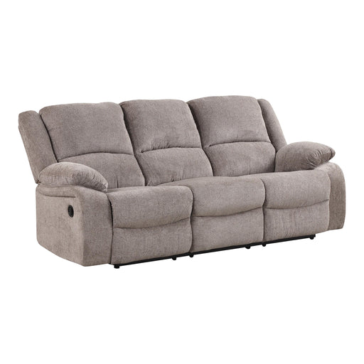 Right facing transitional plush grey manual sofa on a white background