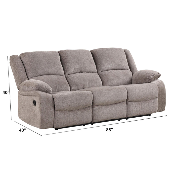 Right facing transitional plush grey manual sofa with dimensions on a white background
