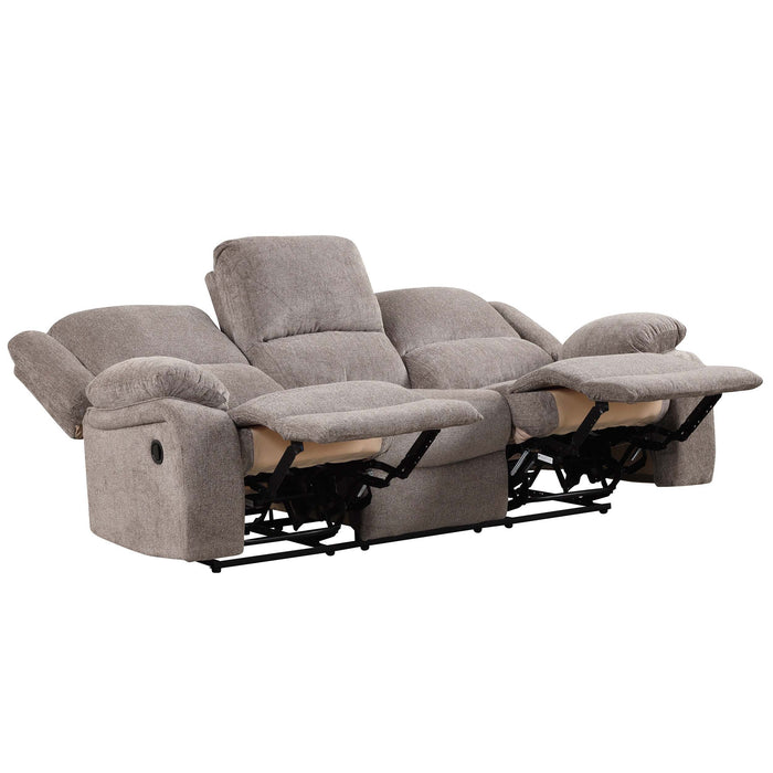 Right facing transitional plush grey manual sofa shown reclined on a white background