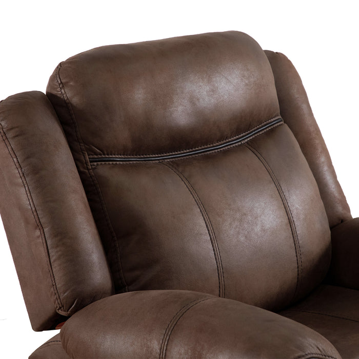 Right facing close up of the backrest of a transitional brown microfiber recliner with accent stitching on a white background