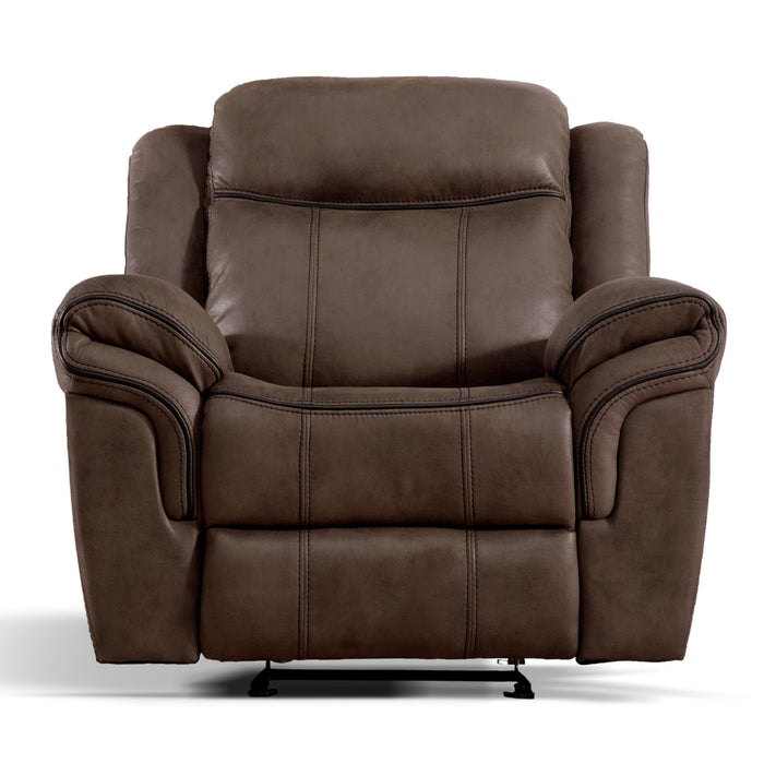 Front facing transitional brown microfiber recliner with accent stitching on a white background