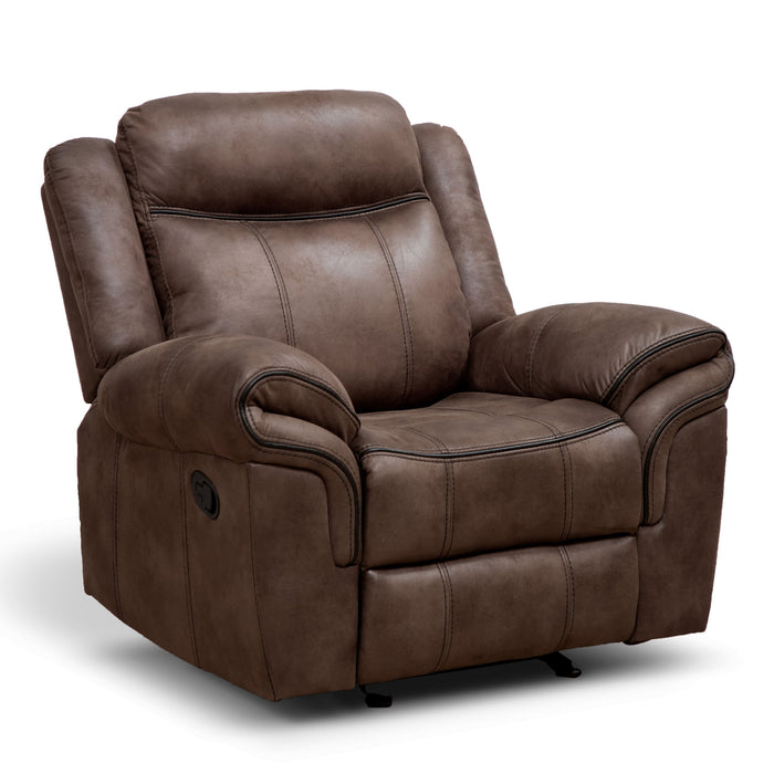 Right facing transitional brown microfiber recliner with accent stitching on a white background