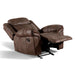 Right facing transitional brown microfiber recliner with accent stitching fully reclined on a white background