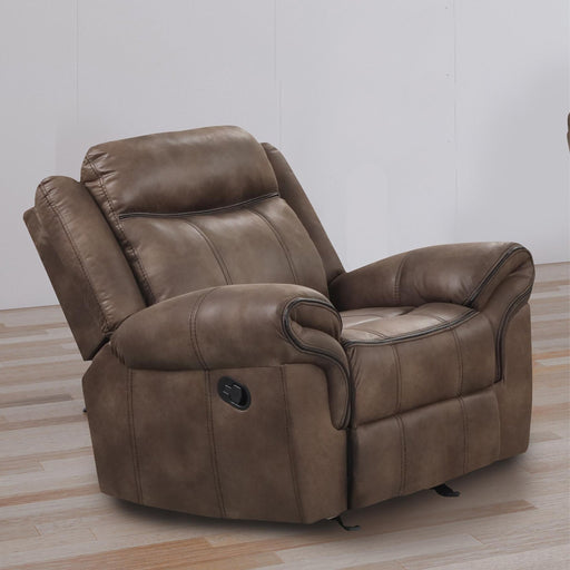 Right facing transitional brown microfiber recliner with accent stitching in a room