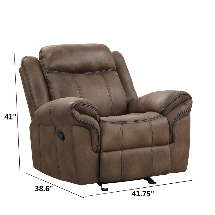 Right facing transitional brown microfiber recliner with accent stitching showing dimensions on a white background