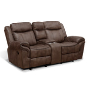 Right facing transitional brown microfiber reclining loveseat with console and accent stitching on a white background