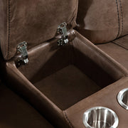 Right facing close up of the storage console of a transitional brown microfiber reclining loveseat with console and accent stitching on a white background
