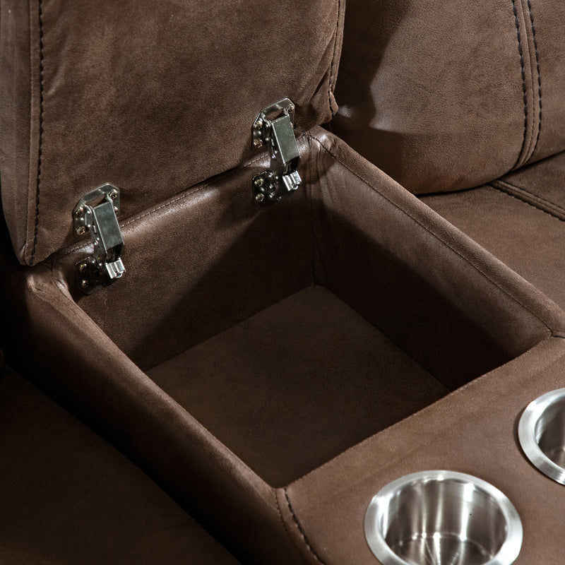 Right facing close up of the storage console of a transitional brown microfiber reclining loveseat with console and accent stitching on a white background