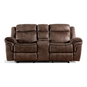 Front facing transitional brown microfiber reclining loveseat with console and accent stitching on a white background