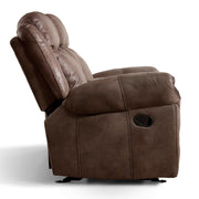 Front facing side view of a transitional brown microfiber reclining loveseat with console and accent stitching on a white background