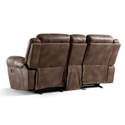 Left facing back view of a transitional brown microfiber reclining loveseat with console and accent stitching on a white background
