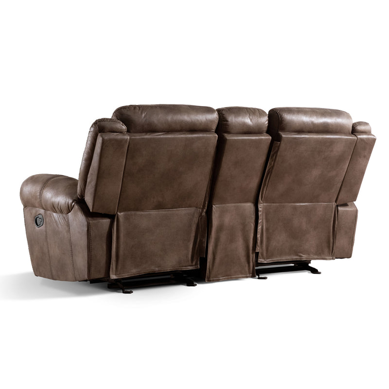 Left facing back view of a transitional brown microfiber reclining loveseat with console and accent stitching on a white background