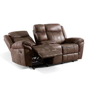 Right facing transitional brown microfiber reclining loveseat with console and accent stitching and one side reclined on a white background