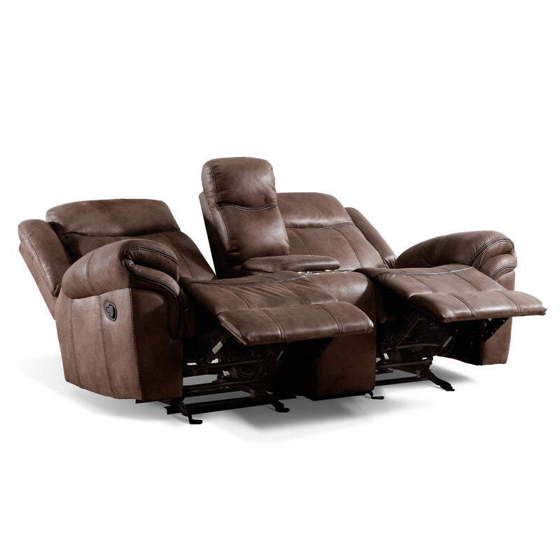 Right facing transitional brown microfiber reclining loveseat with console and accent stitching and both sides reclined on a white background