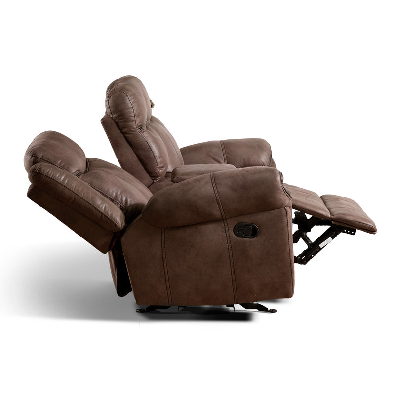 Front facing side view of a transitional brown microfiber reclining loveseat with console and accent stitching and one side reclined on a white background
