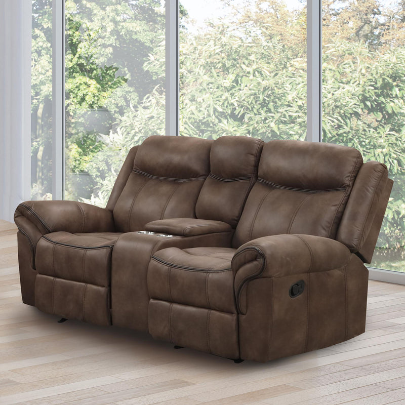 Left facing transitional brown microfiber reclining loveseat with console and accent stitching in a room