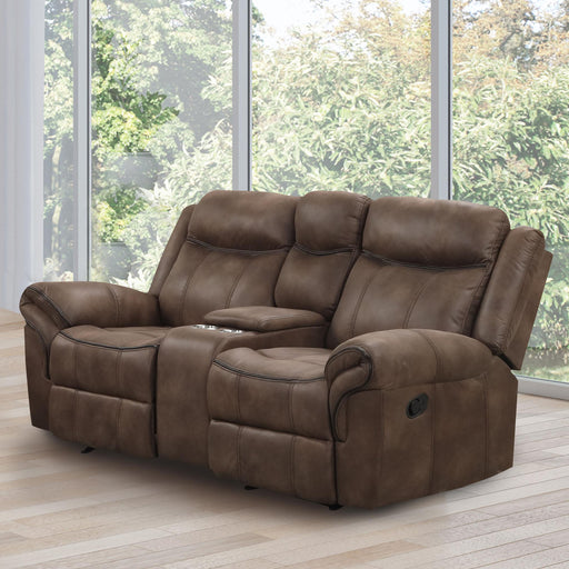 Left facing transitional brown microfiber reclining loveseat with console and accent stitching in a room