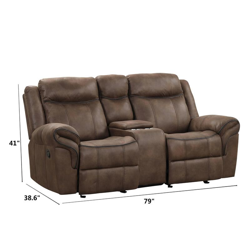 Right facing transitional brown microfiber reclining loveseat with console and accent stitching showing dimensions on a white background