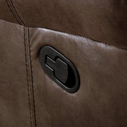 Right facing close up of the recline lever of a transitional brown microfiber reclining loveseat with console and accent stitching on a white background