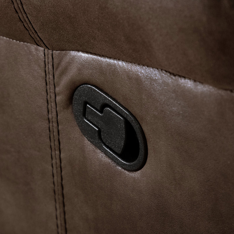 Right facing close up of the recline lever of a transitional brown microfiber reclining loveseat with console and accent stitching on a white background