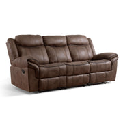 Right facing transitional brown microfiber reclining sofa with accent stitching on a white background