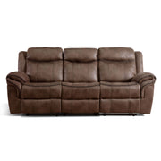Front facing transitional brown microfiber reclining sofa with accent stitching on a white background
