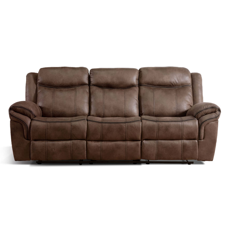 Front facing transitional brown microfiber reclining sofa with accent stitching on a white background