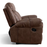 Front facing side view of a transitional brown microfiber reclining sofa with accent stitching on a white background
