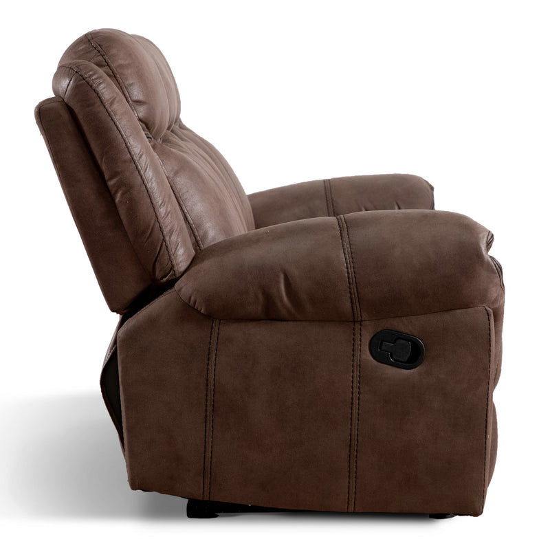 Front facing side view of a transitional brown microfiber reclining sofa with accent stitching on a white background