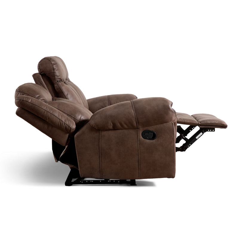 Front facing side view of a transitional brown microfiber reclining sofa with accent stitching with one seat reclined on a white background