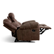 Front facing side view of a transitional brown microfiber reclining sofa with accent stitching with two seats reclined on a white background